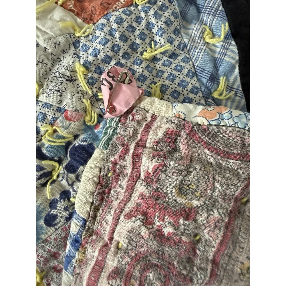 Vintage Handmade Spider Web String Quilt Hand Tied Scrap Patchwork Rare